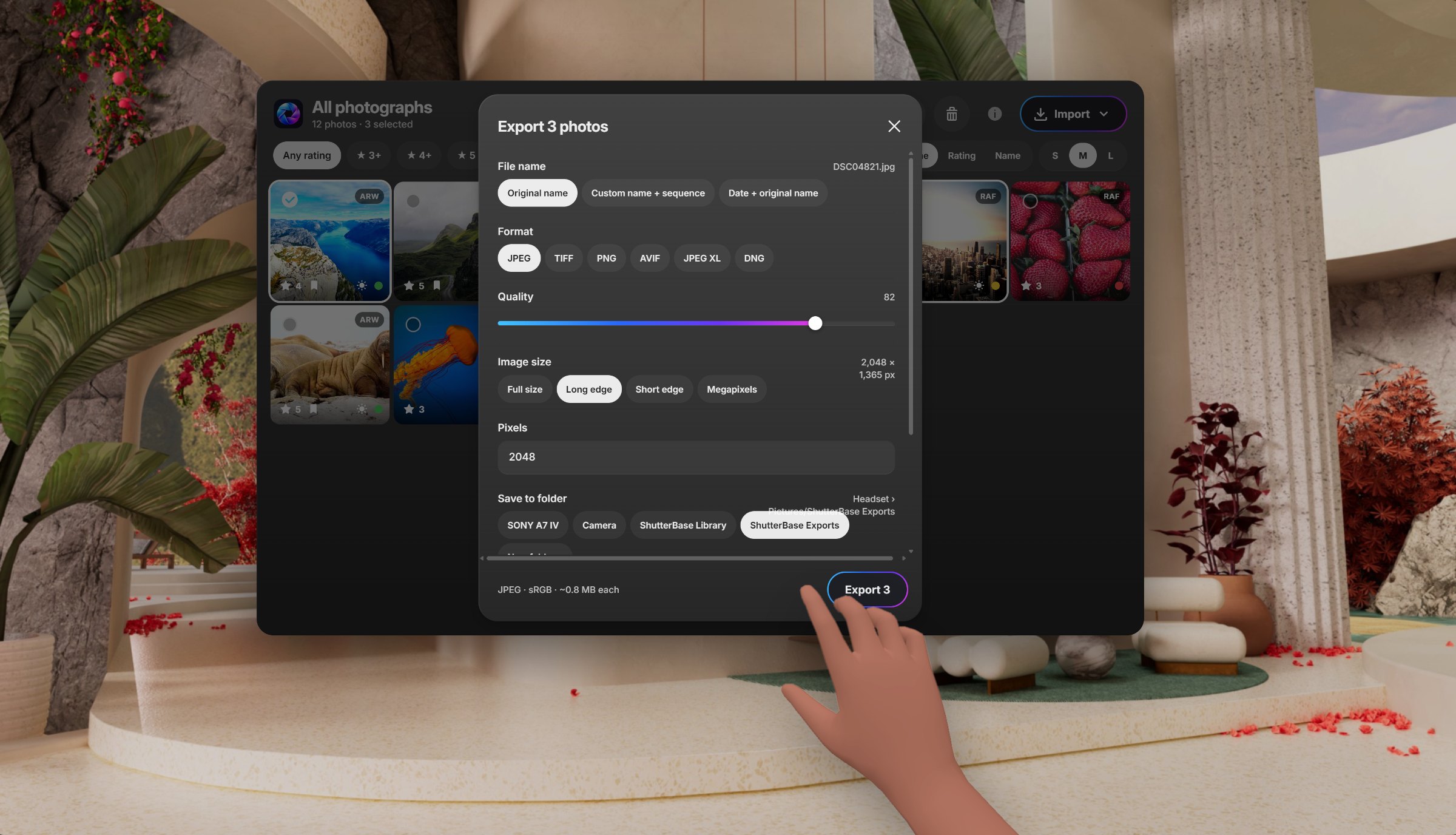 The export dialog for three photos, with format, quality, size and folder options