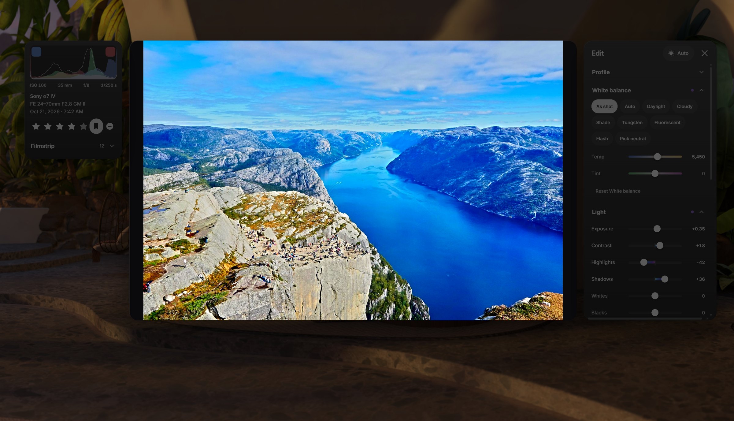 A landscape photo open in ShutterBase with the room dimmed and the editing panels faded back
